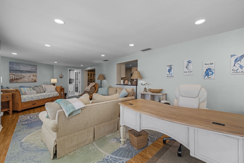The spacious living area and dedicated workspace at South Del Prado Point offer room to relax, work remotely, or gather as a family. Thoughtful amenities help guests settle into a slower pace while exploring Southwest Florida.